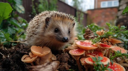 Adorable hedgehog exploring a lush garden with vibrant mushrooms and greenery surrounding its curious face