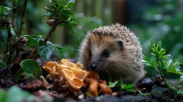 Adorable hedgehog foraging among colorful mushrooms in a lush garden setting, showcasing nature's charm and wildlife interactions - Powered by Adobe