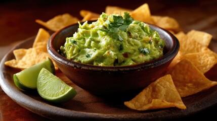 Fresh Guacamole Dip with Tortilla Chips and Lime Wedges on Wooden Table Background