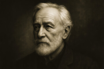 Fototapeta premium Old man with beard contemplative, posing portrait on dark background-