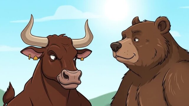 Bull versus bear financial market animation with bright cheerful cartoon finance characters