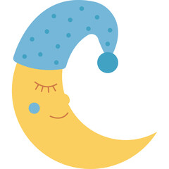 Cute Yellow Crescent Moon Sleeping Wearing Blue Nightcap with Polka Dots and Puff Ball Isolated on Transparent Background