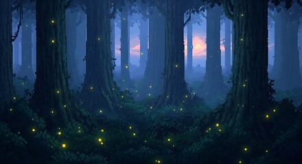Enchanting pixel forest at dusk with glowing fireflies