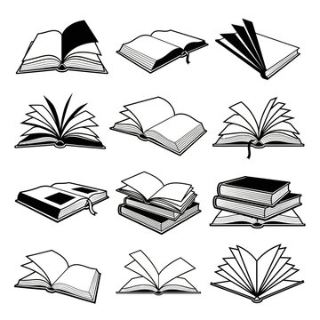 "Open Book Clipart Set &ndash; Black and White Reading Vector Illustrations"