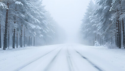 Winter Wonderland Snowy Road Through Majestic Pine Forest