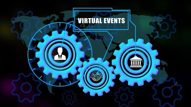 virtual events  Concept Gears with Icons on world map Background 
