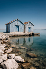 Fototapeta premium Two blue houses are on a dock by the water. The water is calm and the sky is clear
