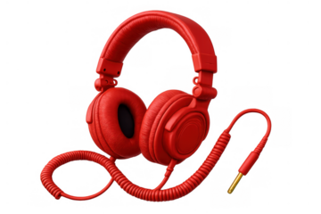 Red wired over-ear headphones for listening to music, sound engineering, audio mixing, and dj performances with transparent background