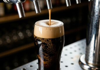 Dark stout beer being poured into a glass with thick foam head at a modern bar counter in a pub setting