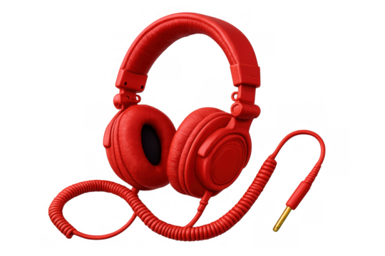 Red wired over-ear headphones for listening to music, sound engineering, audio mixing, and dj performances with transparent background