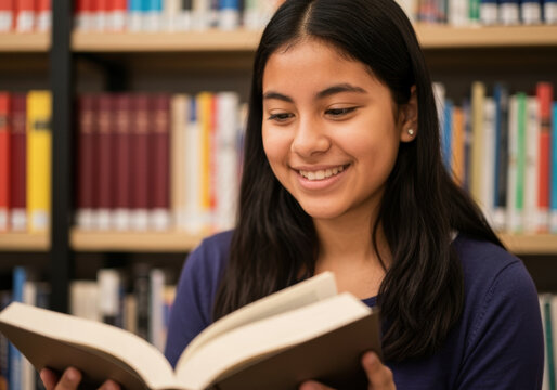 Smiling teenage girl reading an open book in library surrounded by colorful bookshelves, enjoying education and learning atmosphere - Powered by Adobe