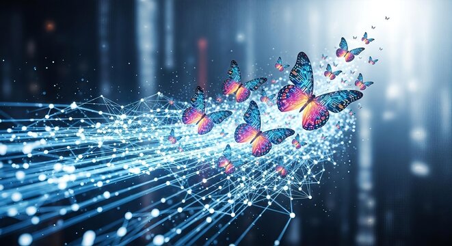 Digital transformation concept with glowing butterflies emerging from a network of light streams. - Powered by Adobe