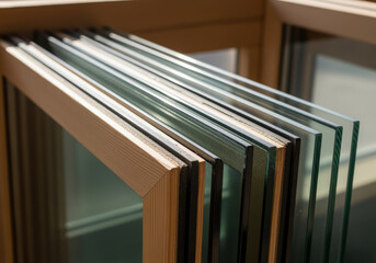 Close up view of insulated multi pane glass windows with reflective surfaces stacked in a modern architectural interior
