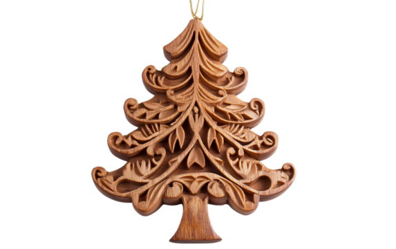 Festive holiday Christmas wooden tree ornament with handcrafted carving cozy seasonal winter decoration isolated on white background