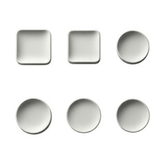 Six white ceramic plates arranged in two rows square and round shapes isolated on transparent background