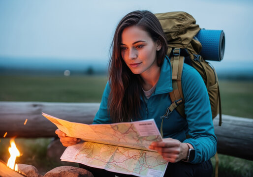 Young woman examining a map near a campfire during outdoor adventure, backpacking and navigating through nature at dusk