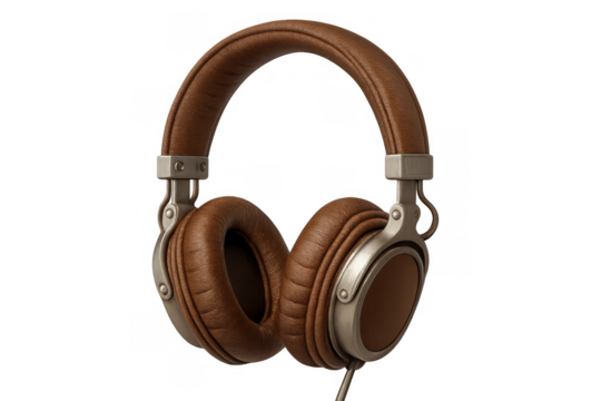Classic brown leather headphones featuring silver metal details, projecting sound and music. Audio gadget isolated on transparent background