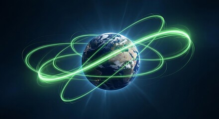 A digital rendering of planet Earth surrounded by glowing green orbital paths, representing global connectivity.
