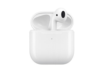 Wireless earbuds in an open white charging case with one earphone visible, offering modern audio technology and convenience