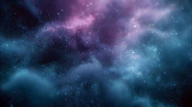 A cosmic nebula with swirling pink purple and blue clouds and glowing star like particles