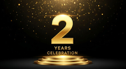 Golden number 2 with text years celebration on a podium with sparkling lights