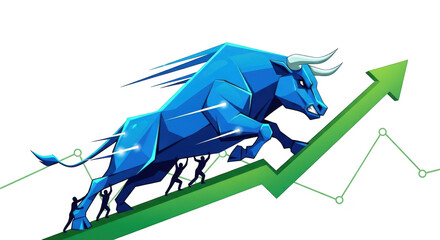 Blue bull rising on stock chart isolated on transparent background
