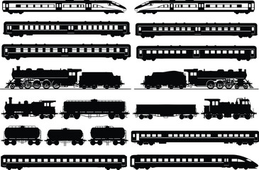 Modern high speed trains and vintage steam locomotive silhouettes collection, railway transport black vector illustration set for travel, cargo, and transportation design © Goutom