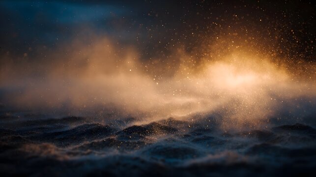Ethereal golden mist and particles swirl above a turbulent dark ocean surface