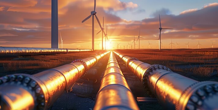 Industrial pipelines stretching to wind turbines at sunset in a field of grass energy infrastructure