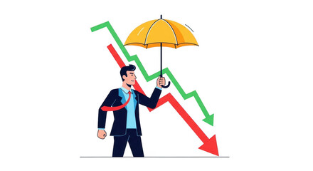Man holding umbrella against falling graph isolated on transparent background