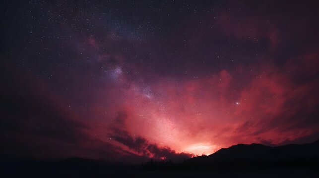 Vast cosmic expanse with vibrant nebula and star field during twilight sunset