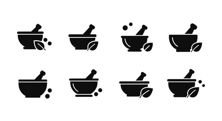 Collection of mortar and pestle icons with herbal leaf elements displayed