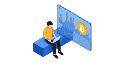 Man analyzing crypto data isolated on transparent background