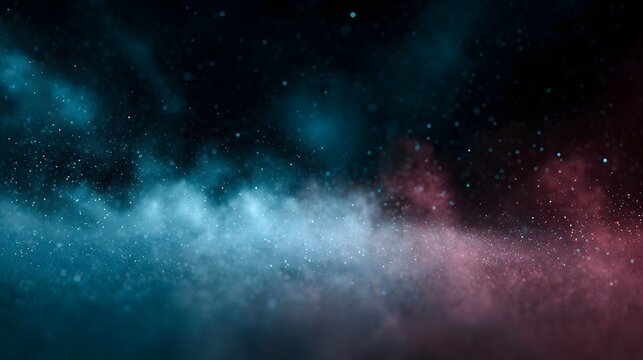 Abstract cosmic dust particles swirl with vibrant blue and pink lights against a dark background