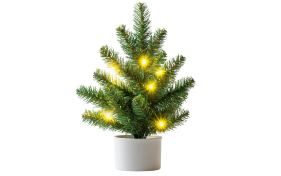 Decorative Christmas mini tree ornament with LED lights festive holiday winter decoration cozy seasonal accessory isolated on white background