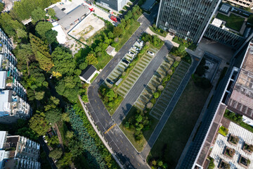 Aerial view of parking lot with cars and trees, neatly arranged
