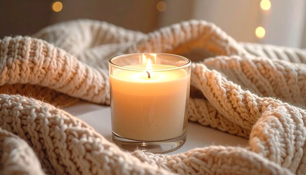 A lit candle in a glass jar sits nestled in a cream-colored, chunky-knit blanket. Soft bokeh lights blur in the background