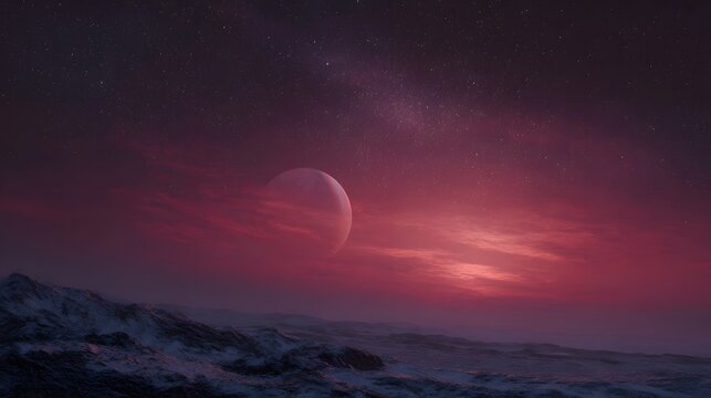 Crimson twilight over a rocky alien planet with a moon and starry sky