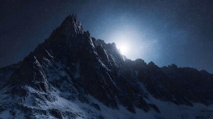 A majestic snow covered mountain peak glows under a vast starry night sky with bright celestial light