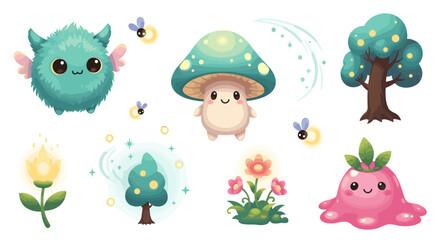 Naklejka premium A set of whimsical vector illustrations of The Wonder and Joy Fantasy Characters 