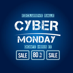 Cyber Monday Sale Banner With Disc Up to 80% off. Vector. Illustration. Exclusive Sale. Don't Miss It.