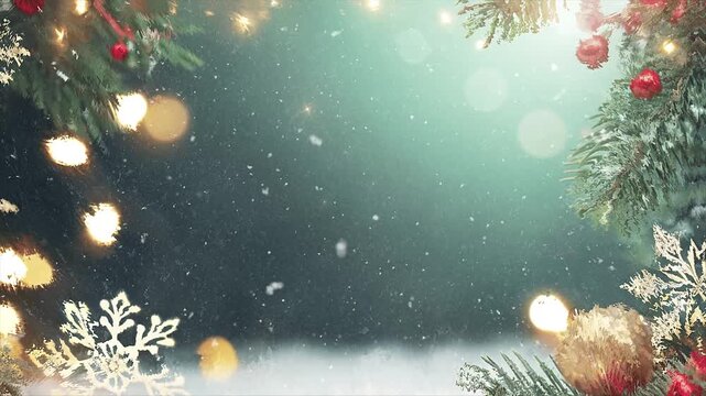 A festive Christmas background with fir branches, red berries, golden bokeh lights, and falling snowflakes on a snowy surface