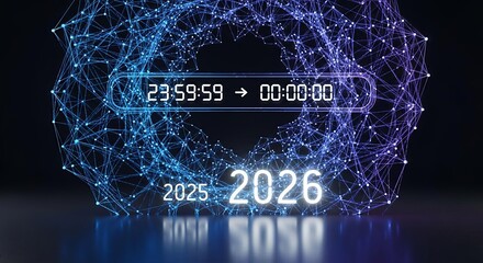 Futuristic New Year's Eve countdown from 2025 to 2026 with a digital clock and abstract network.