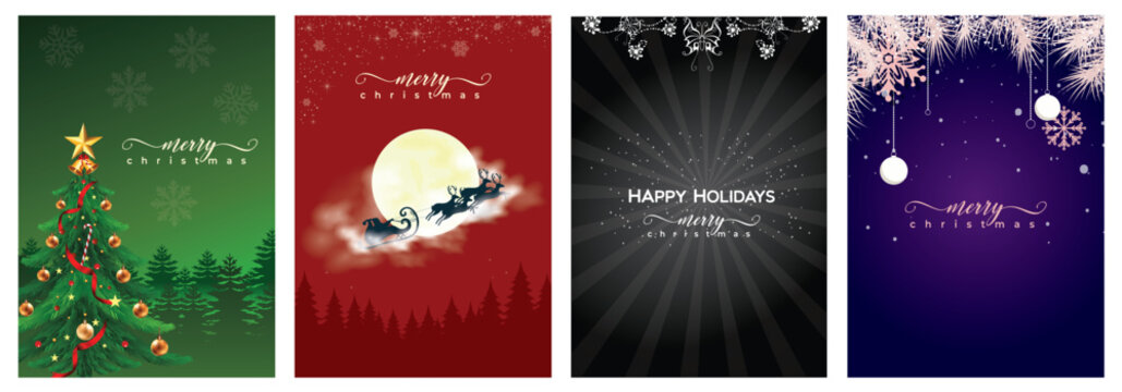 Four vertical christmas banners with festive designs including a tree santa lights and snowflakes