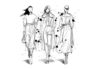 Set of young beautiful women in stylish clothes. Fashion sketch