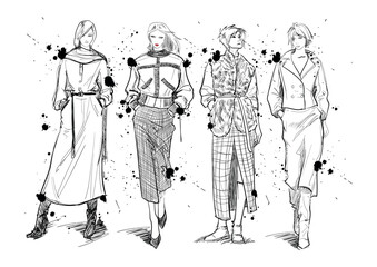 Set of young beautiful women in stylish clothes. Fashion sketch
