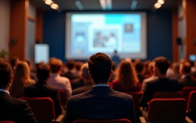 Back view of audience in the conference hall or seminar meeting with large media screen showing video presentation, business and education concept. High quality