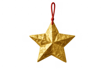 Golden crumpled star ornament with red string hanging, symbolizing christmas, holiday celebrations, and festive decoration on transparent
