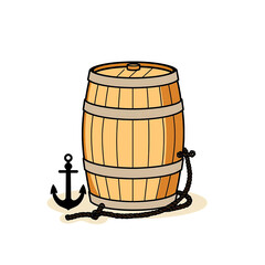 Pirate's treasure or a sailor's ration? A classic cartoon illustration of a wooden barrel, complete with a length of rope and a sturdy nautical anchor