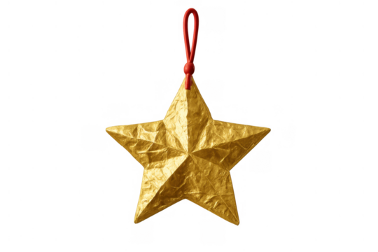 Golden crumpled star ornament with red string hanging, symbolizing christmas, holiday celebrations, and festive decoration on transparent